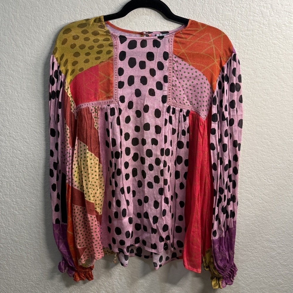 Blank London Patchwork Polka Dot Metallic Babydoll Blouse Pink Red Womens Small